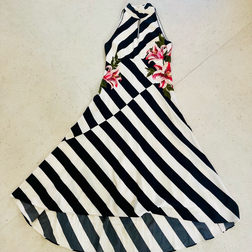 Black & White Striped Halter Floral Midi Dress